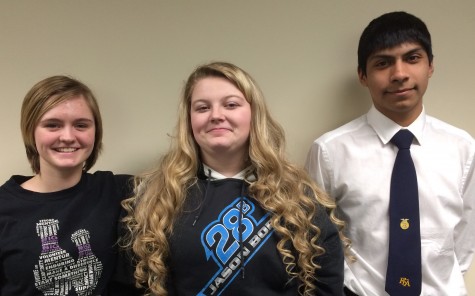 Small animal state team consisting of sophomore Katla Michaelson, senior Mariah Kane, and sophomore Carlos Beascochea, not pictured is eighth grader Lanie Reick