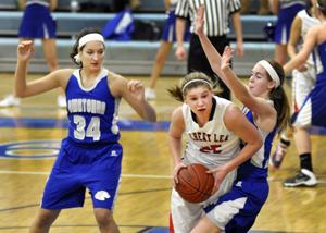 Sophomore Bailey Kruesel and junior Anna Edel guard their Albert Lea opponent during Tuesdays game.