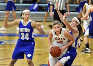 Sophomore Bailey Kruesel and junior Anna Edel guard their Albert Lea opponent during Tuesday's game.