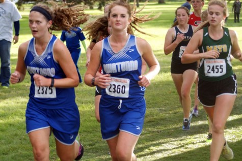 Seniors Zoe Kienholz and Elena Bueltel competing at Fairbault meet