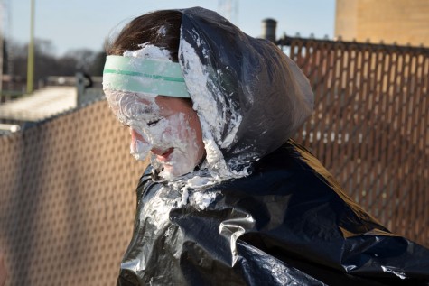 Ms. Oien first hour Enriched Precalc's Ashley Intress got pied in the face after her class raised $282.37