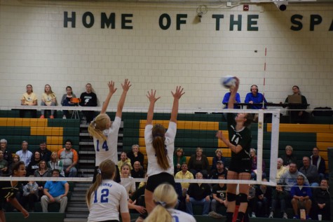 Senior co-captain Elise Oppegard and junior Lexi Langeland go up for a block against Mayo