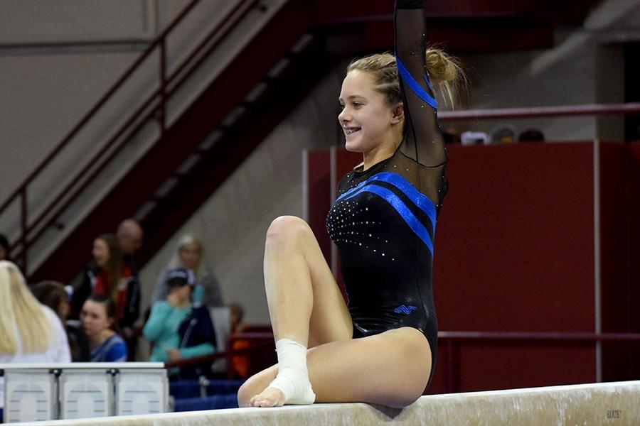 Lindsay Bangs competes on the beam
