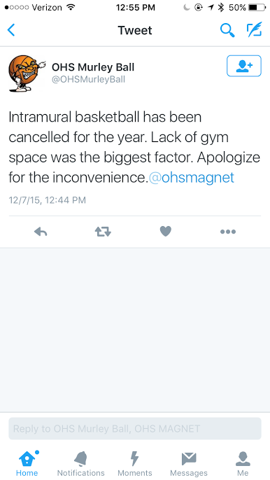 Tweet stating that Intramural Basketball is cancelled 