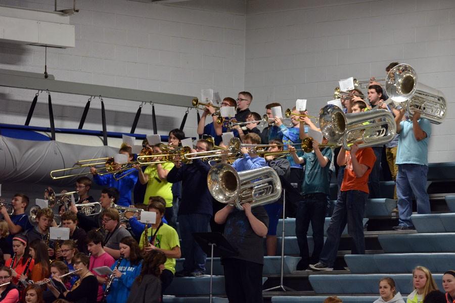 Owatonna pep band playing during the pepfest
