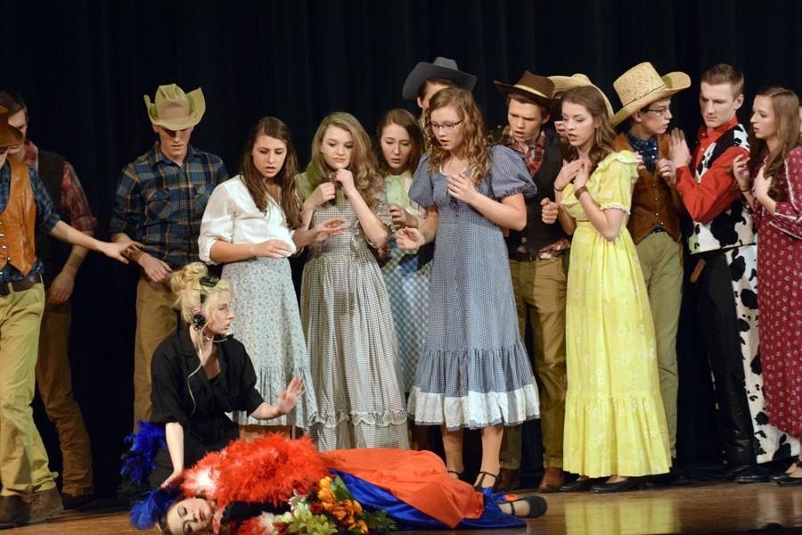 The cast of Robbin Hood finding Senior Jaylin Everts character Jessica Cranshaw passed out after opening night 