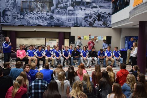 Coach Waypa addresses the crowd during the State Send Off.