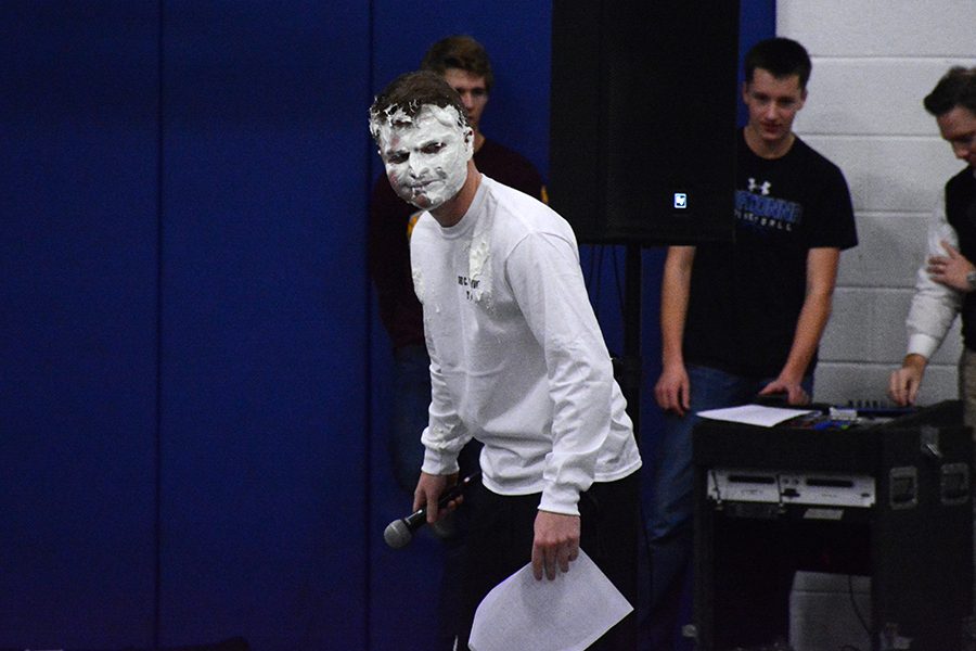 Andrew Wall after being smacked in the face with a pie