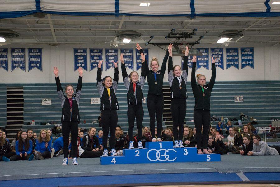 Becca Olson with 2nd, Lindsay Bangs with 3rd, Ali An with 4th and Lucy Macius with 6th in the bars competition