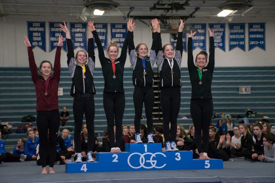 Becca Olson with 1st, Lindsay Bangs with 3rd and Syndey Kretlow with 4th in the All-Around