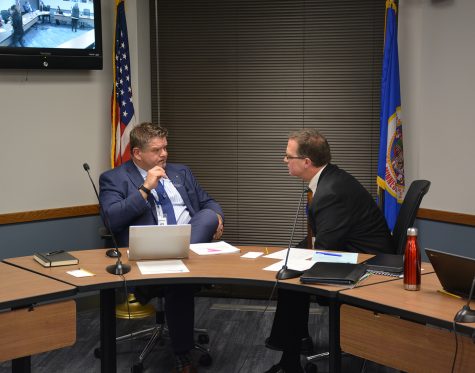 Superintendent Mr. Jeff Elstad discusses the master plan with School Board Chairman Mr. Mark Sebring 