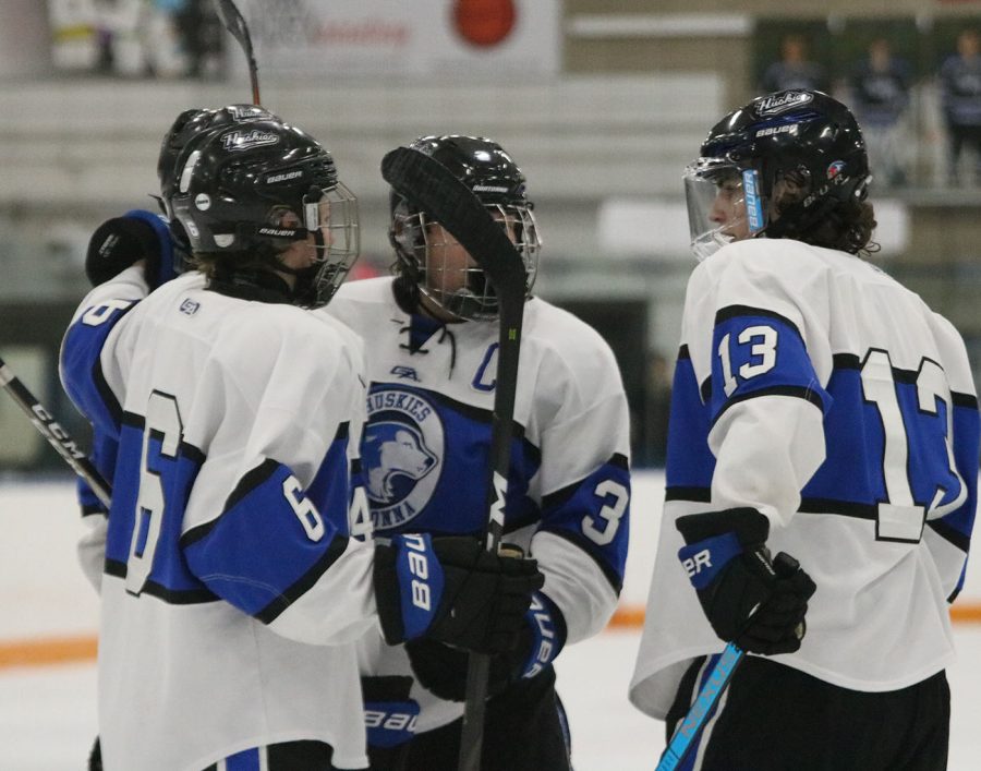 Teamates talk on the ice