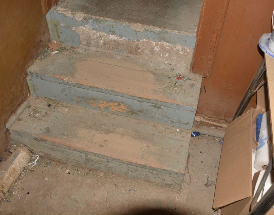 Stairs going into basement storage room
