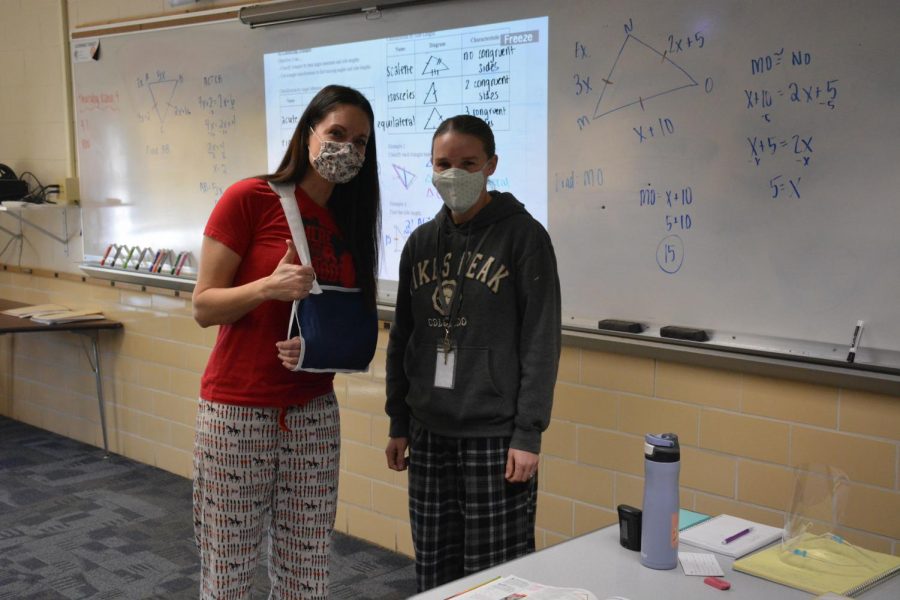 Math teachers, Ms. Mara Oien and Emily Schreoder, dressed for PJ day