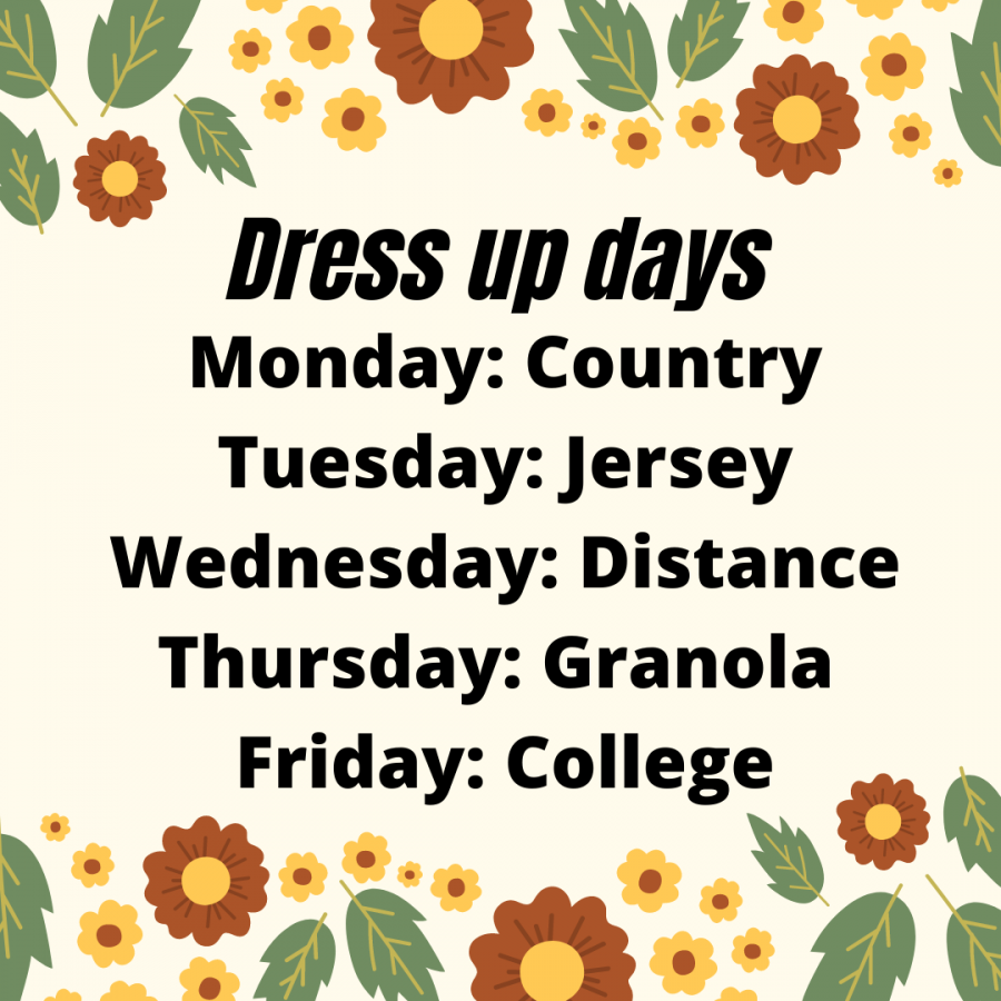 Dress up days for Homecoming Part II are listed above