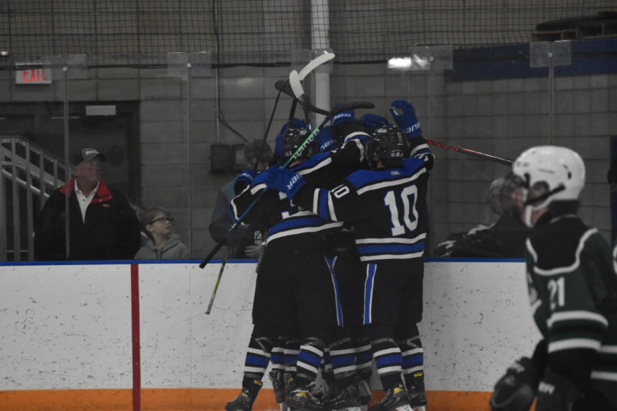 The+boys+hockey+team+celebrates+a+goal+with+a+huddle+in+the+corner+against+the+Faribault+Falcons.