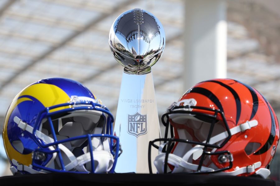 Bengals and Rams helmets pictured by the Lombardi trophy source: Getty images