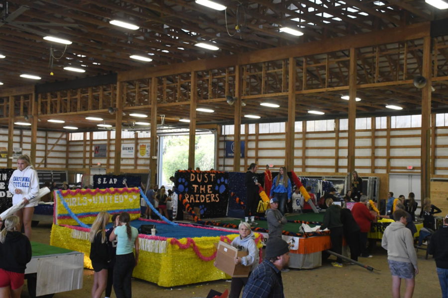 Building overview of homecoming floats.