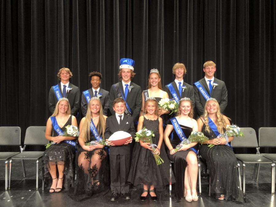 Homecoming Top Five after the coronation with King and Queen Sevy Enter and Lauren Waypa in the back row and center. Junior Royalty is Henry Peterson and Evelyn Stolp in the front row and center. Back row (left to right): Colin Vick, Aiden Charles, David Smith, and Justin Gleason. Front row (left to right): Paiton Glynn, Ava Eitrheim, Makenna Hovey, and Kate Havelka.