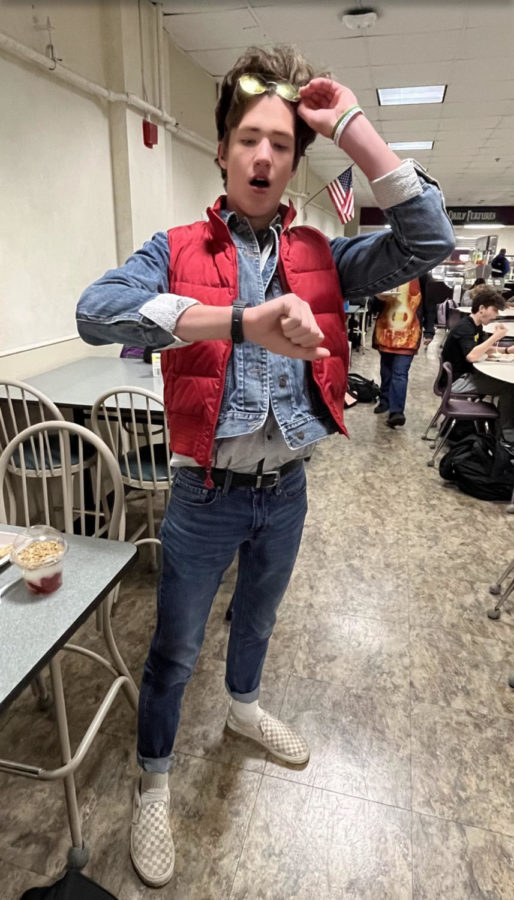 Xander Rhodes a senior dresses as Marty McFly from Back to the Future with thrifted clothes. 