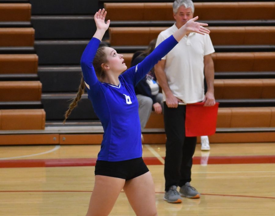 ACE. Senior Lauren Bangs serves and gets an ace against the Lakeville North Panthers.