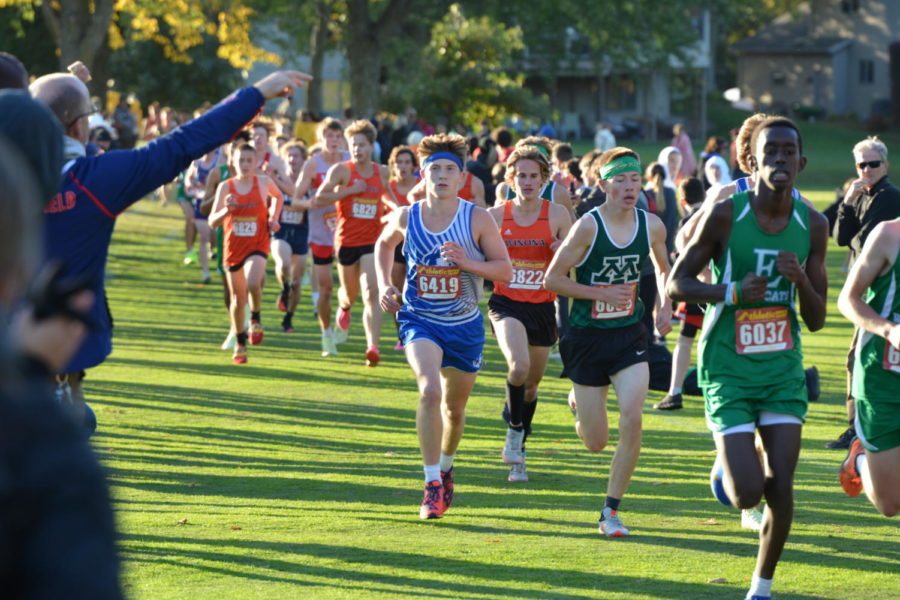 OHS Sophomore Jack Sorenson running intensely against other state opponents.