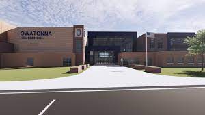 Rendering of the front of the new Owatonna high school.