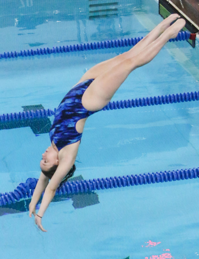 Gabbie Poole diving into the water at OHS swim meet.