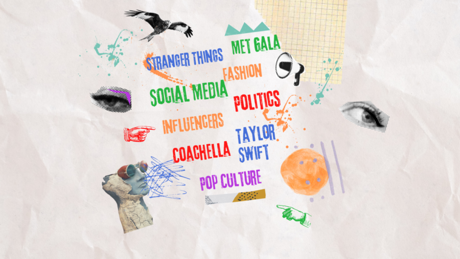 Graphic collage that highlights the major events and topics of 2022s pop culture.