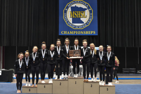 The Owatonna Huskies Girls Gymnastics team after placing third at the MSHSL State Tournament. Pictured left to right: Dylann Norrid, Delia Neumann, Brynn Routh, Jozie Johnson, Averie Roush, Kendra Miller, Emma Johnson, Kaitlyn Cobban, Kaelyn Smith, Chloe Myer, McKenna Edel and Johanna Spielman.