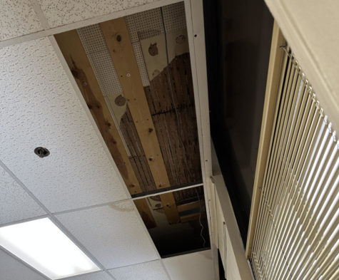 Ceiling above tiles exposing the deterioration of the current Owatonna High School