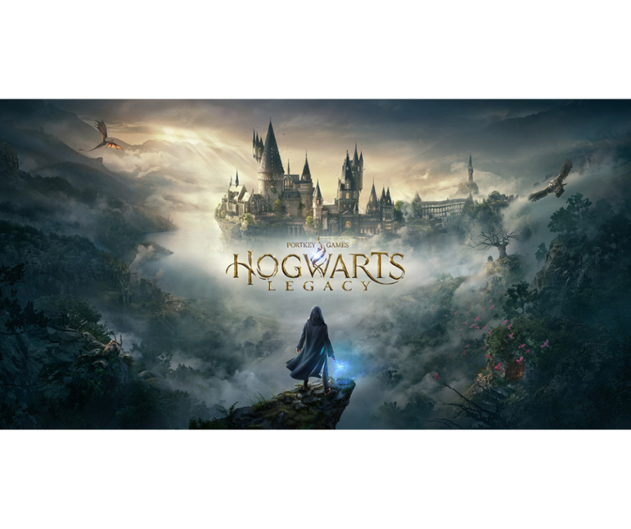 Hogwarts Legacy video game cover featuring Hogwarts school in the background.