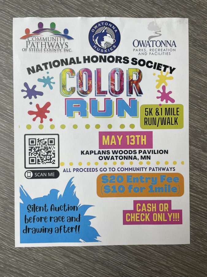NHS Color Run flyer with information about event and QR code to register. 