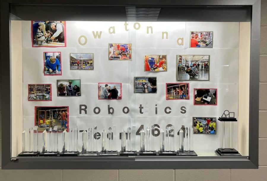 Picture of Owatonna Robotics display case after regionals competition 