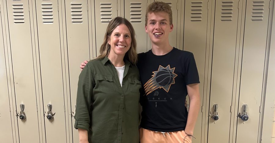 Math Teacher Mrs. Drever and her son Cody Drever at the Owatonna High School.