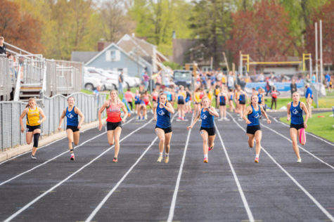 Owatonna Girls Track sprinters race to the finish line during the last meet at OHS.