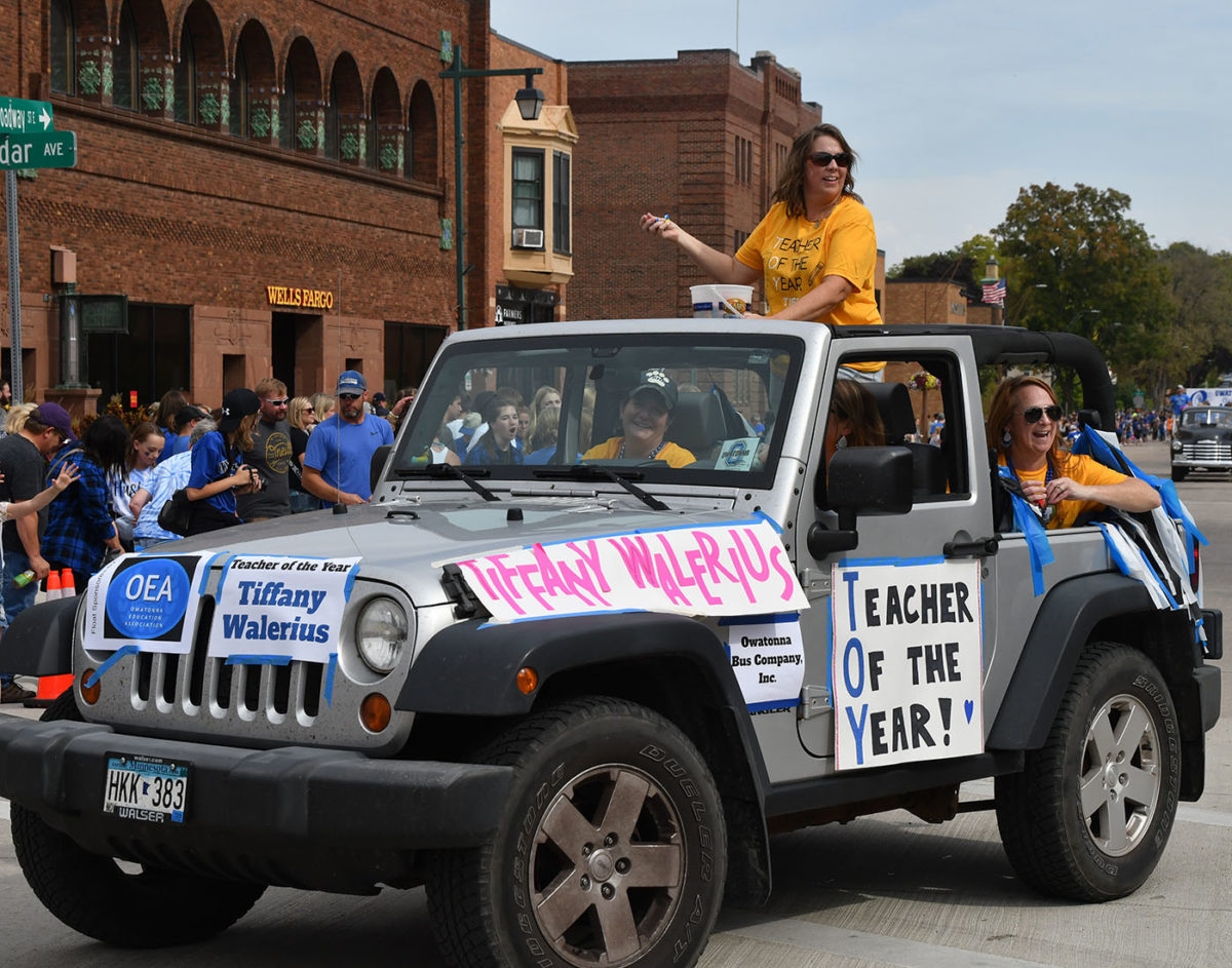 Teacher of the Year Tiffany Walerius going through the homecoming parade.