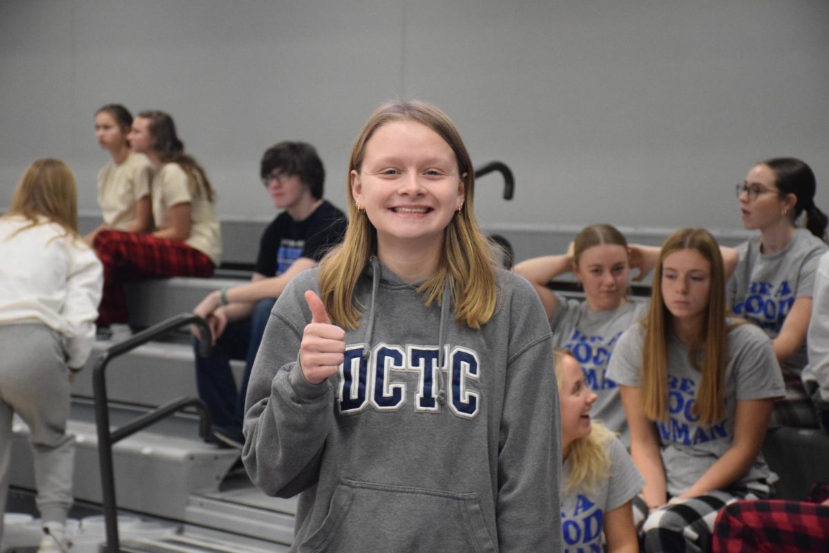 Sophomore Lauren Packard giving a thumbs up to the pepfest.  