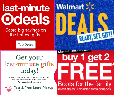 Stores such Target, Walmart, Kohl’s, and JCPenney advertising their deals during the holiday season.  
