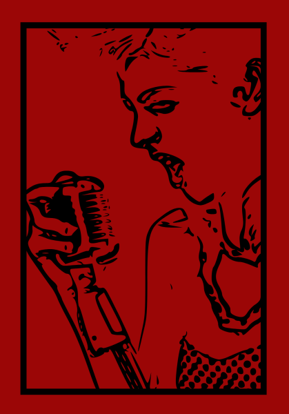 Canva poster displaying a 1950s era performer singing into a microphone.