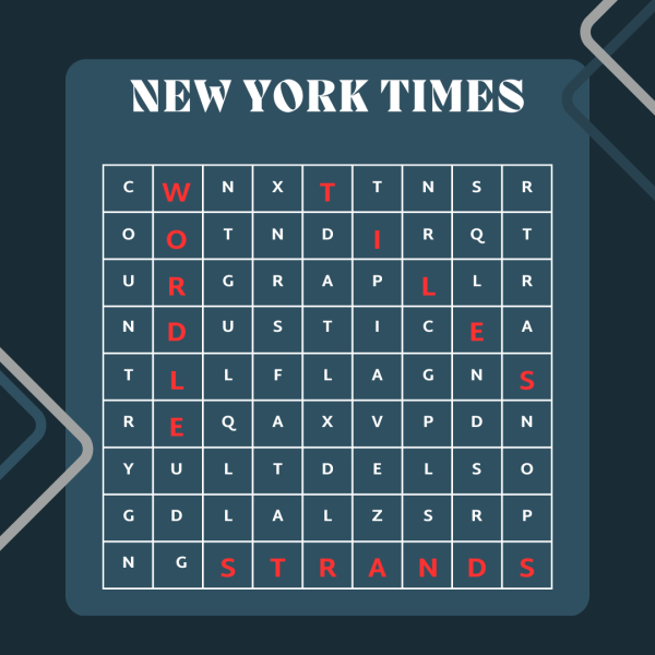 Canva graphic displaying a word search with various New York Times games in it.