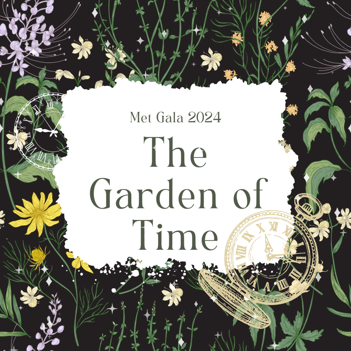 Canva graphic displaying the galas theme along with florals and time-related elements.