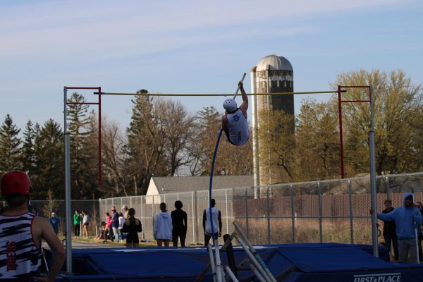Senior Pole Vaulter Oran Dowling goes up for an attempt at home track meet.