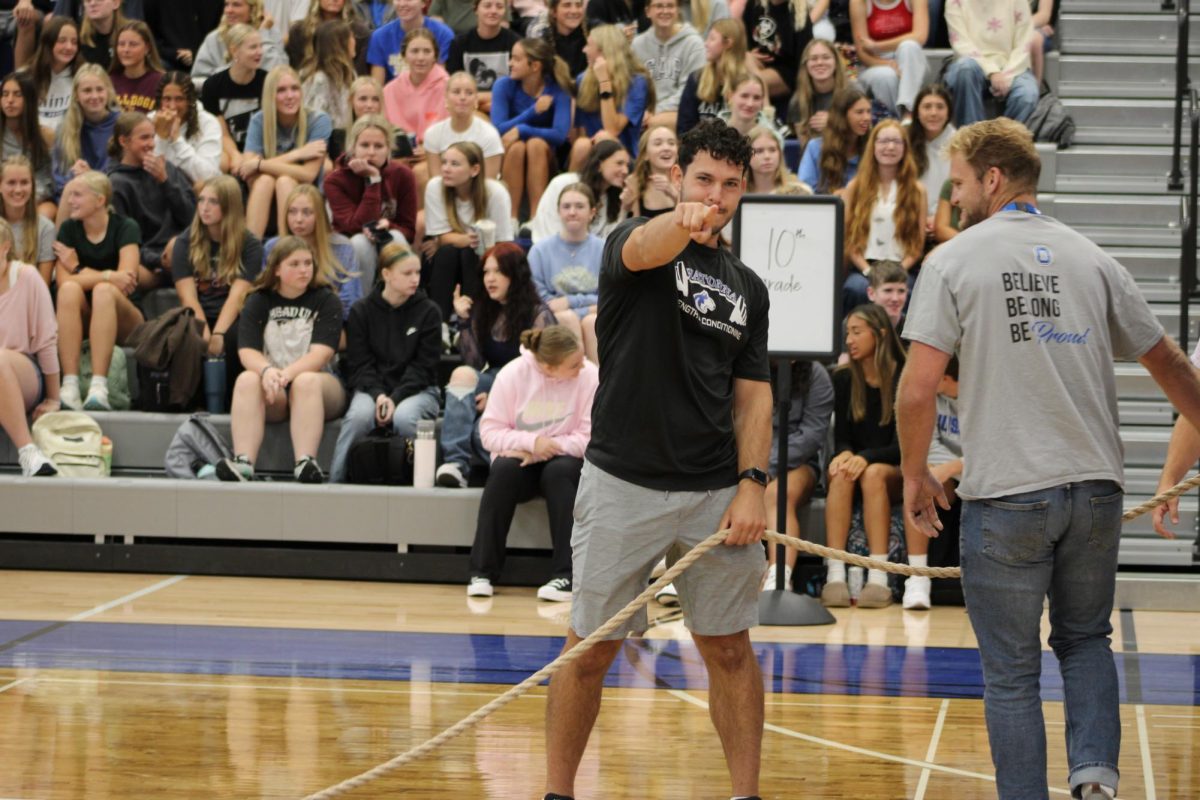 Mr. Guenther and Mr. Scharber ready for tug of war.
