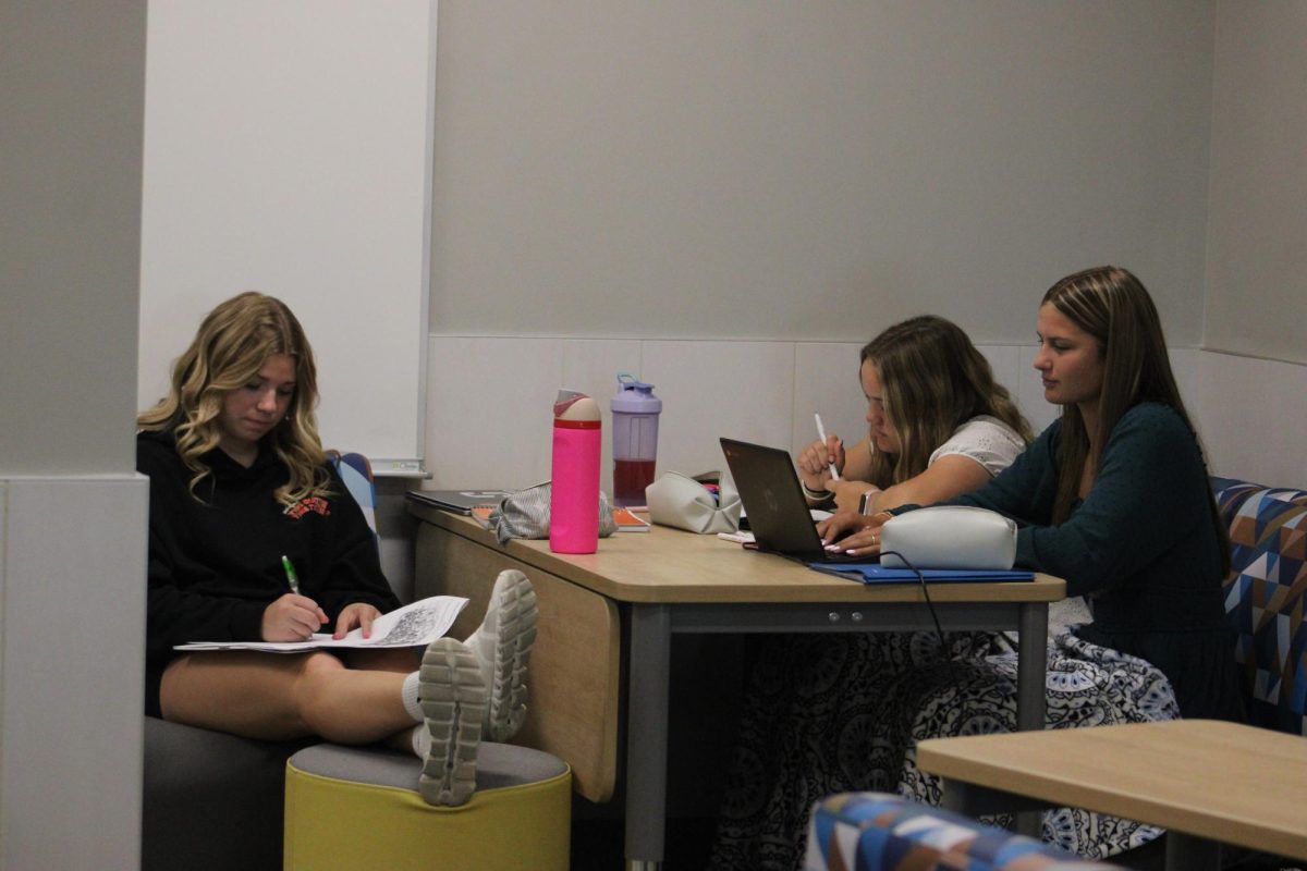 Seniors Morgan Hansen, Alia Kubicek and Katelyn Skov work together on classwork. 