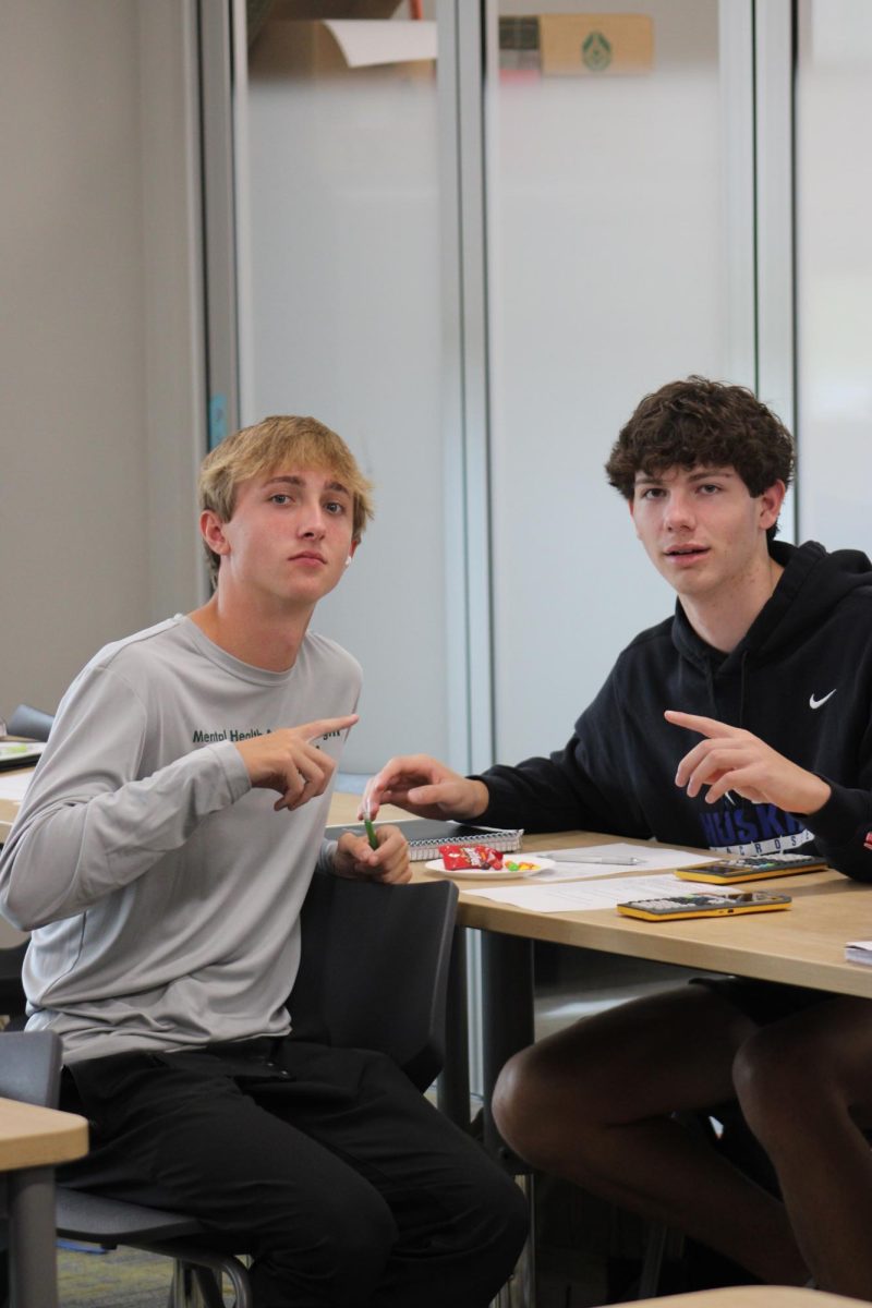 Seniors Kellen Katzung and Reid Olinger posing in math class.