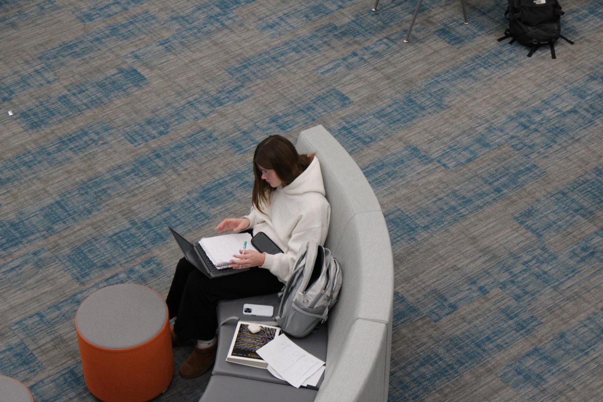 Junior Amelia Baldwin completes homework in the media center.