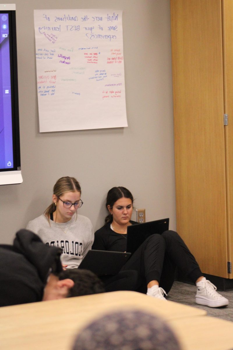 Junior Emma Meiners and Senior Emma Herzog working on their options project.