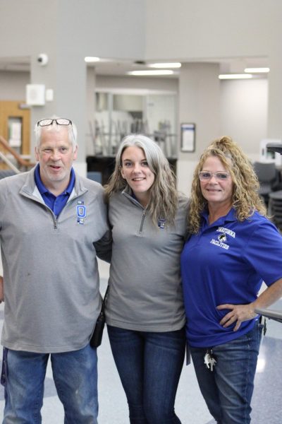 The three "day shift" custodians pose for a picture. Left to right are: Dana Germundson, Kaitlin Bellefy, and Shelley Thom 