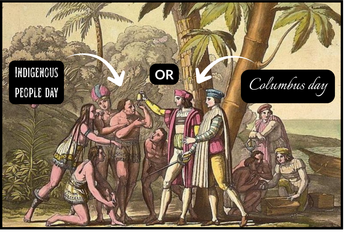 An illustration shows Christopher Columbus encountering a group of native people in the Bahamas